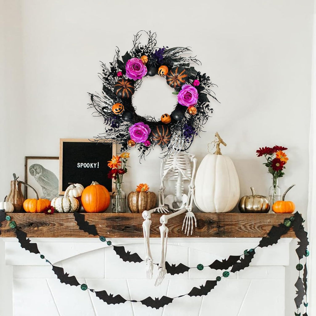 22 Inch Halloween Wreaths for Front Door Artificial Black Welcome Wreath with Pumpink Rose Skeleton Hand Indoor Outdoor Wall Holiday Decorations