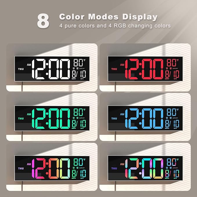 JALL 16" Large Digital Wall Mount Clock, Count Down Timer, Big LED, 8 RGB Color