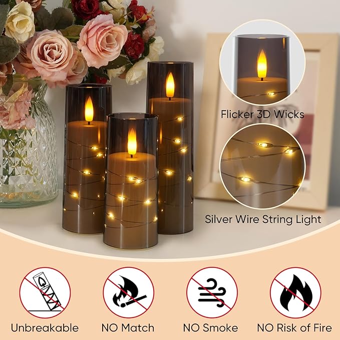 Raycare Flameless Candle with Remote Timer – 9 Flickering Acrylic Battery Operated LED Pillar Candles with Embedded Star String for Halloween, Fall Decor, Harvest Festival Gifts(Grey) (9 Pcs)