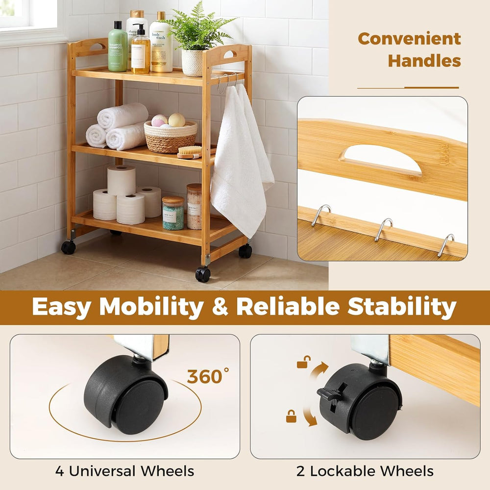 GIANTEX 3-Tier Rolling Storage Cart, Bamboo Utility Cart w/ 3 Side Hooks &amp...