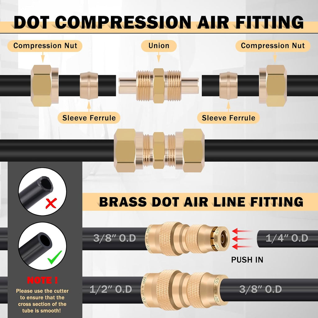 CheeMuii 100PCS Brass DOT Air Line Fittings with 3 Roll 50FT DOT Air Lines