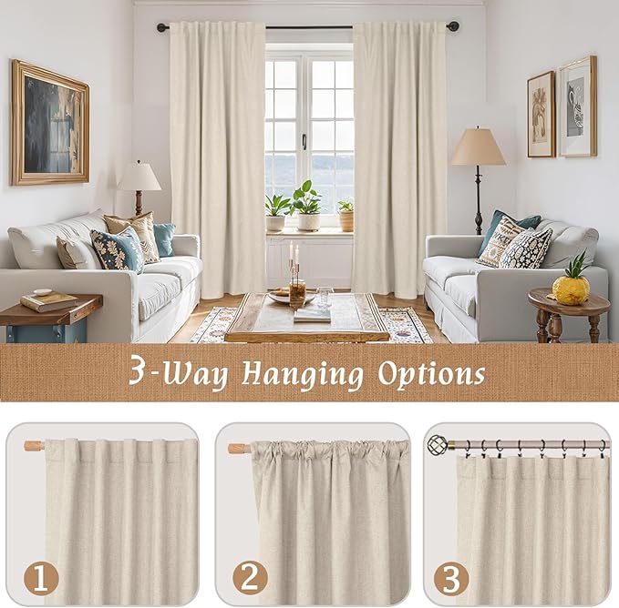 LAMIT Oatmeal 100% Blackout Linen Curtains, 84 Inch Linen Textured Living Room