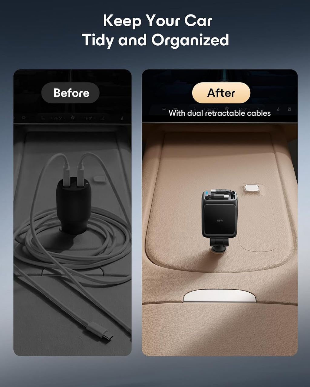 esr xtend 100w retractable car charger with avs showing dimensions
