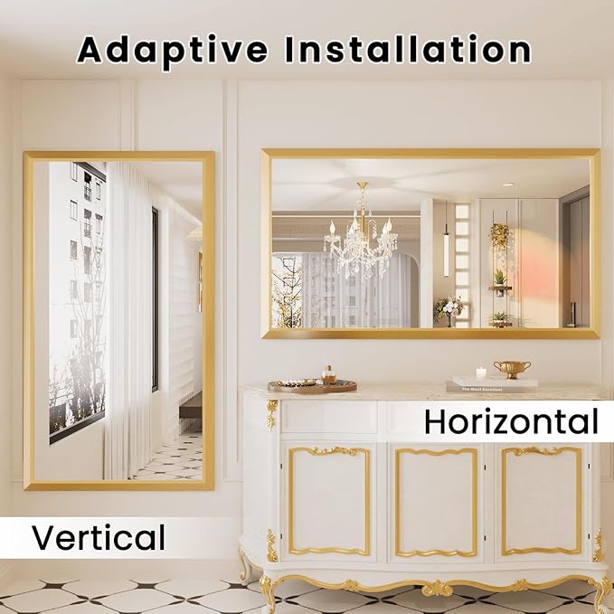 Amorho Bathroom Mirror, 60x36 Inch Golden Thick Metal Framed Wall Mirrors