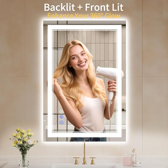 26"x38" Bathroom Mirror with Lights, Backlit + Front Lit, Led Vanity Mirror