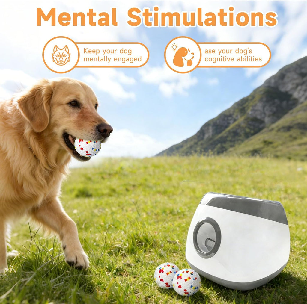 automatic dog ball launcher, 6 etpu balls, adjustable showing dimensions