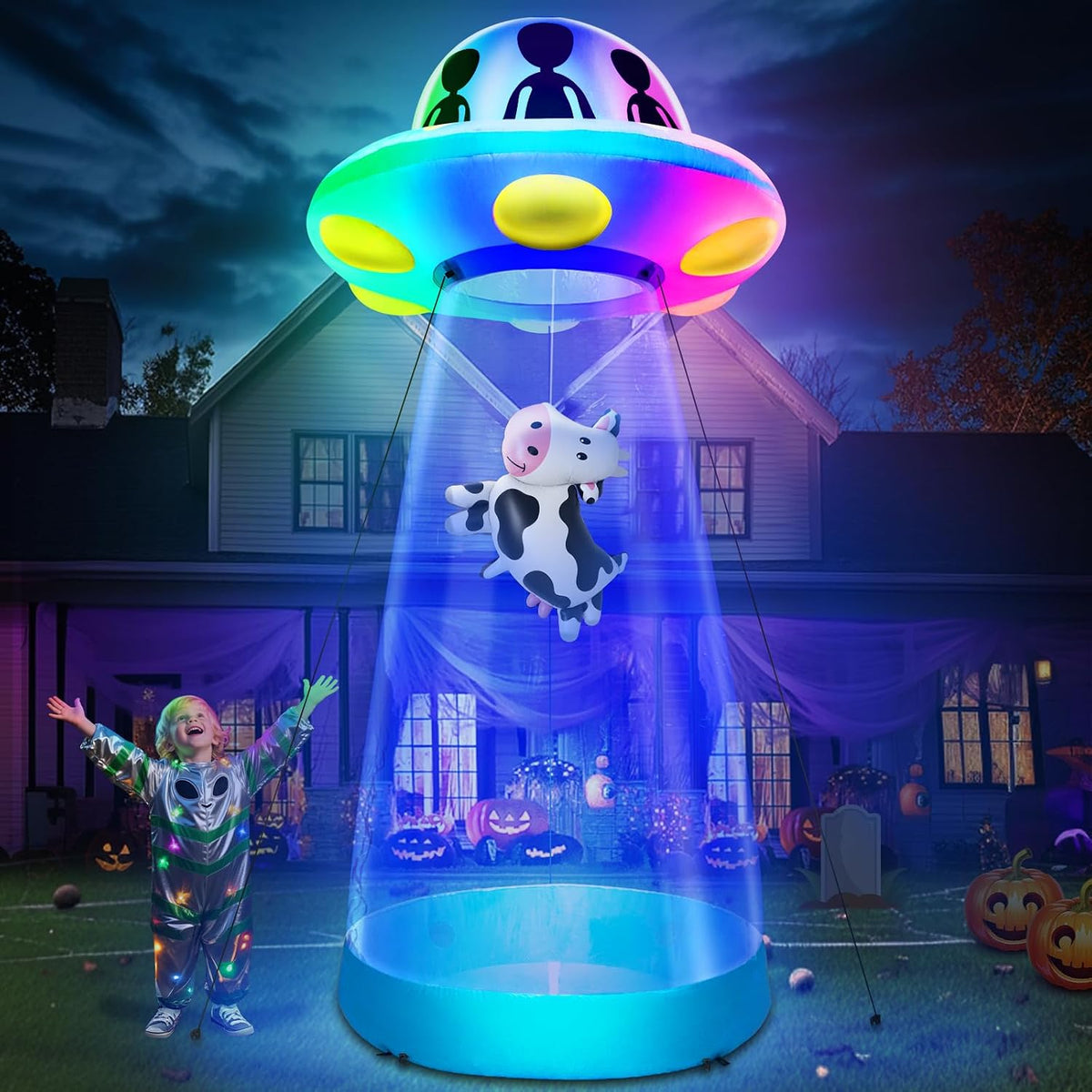 TURNMEON 10 Ft Tall Halloween Inflatable UFO Cow Abduction Decorations