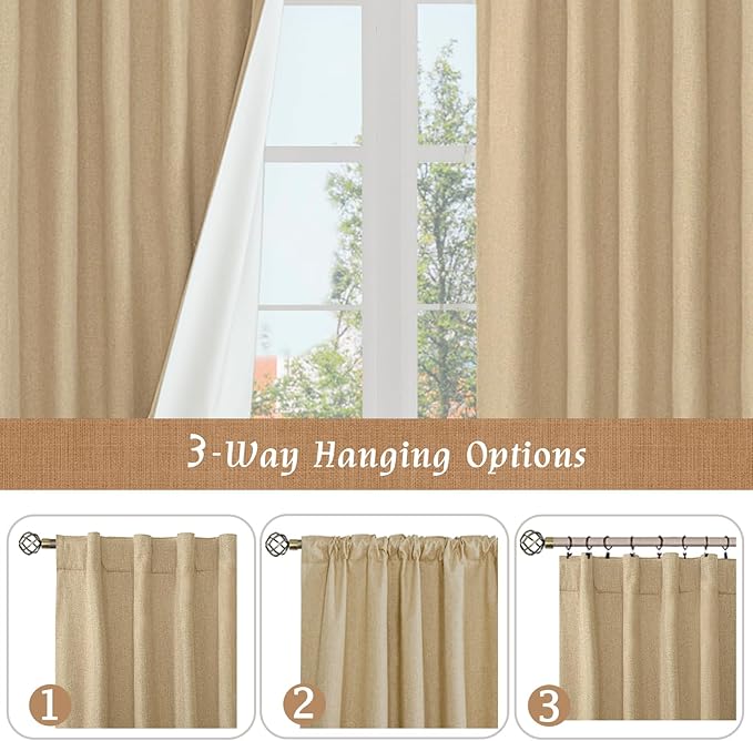 LAMIT Natural 100% Blackout Linen Curtains, 72 Inches Linen Textured Living