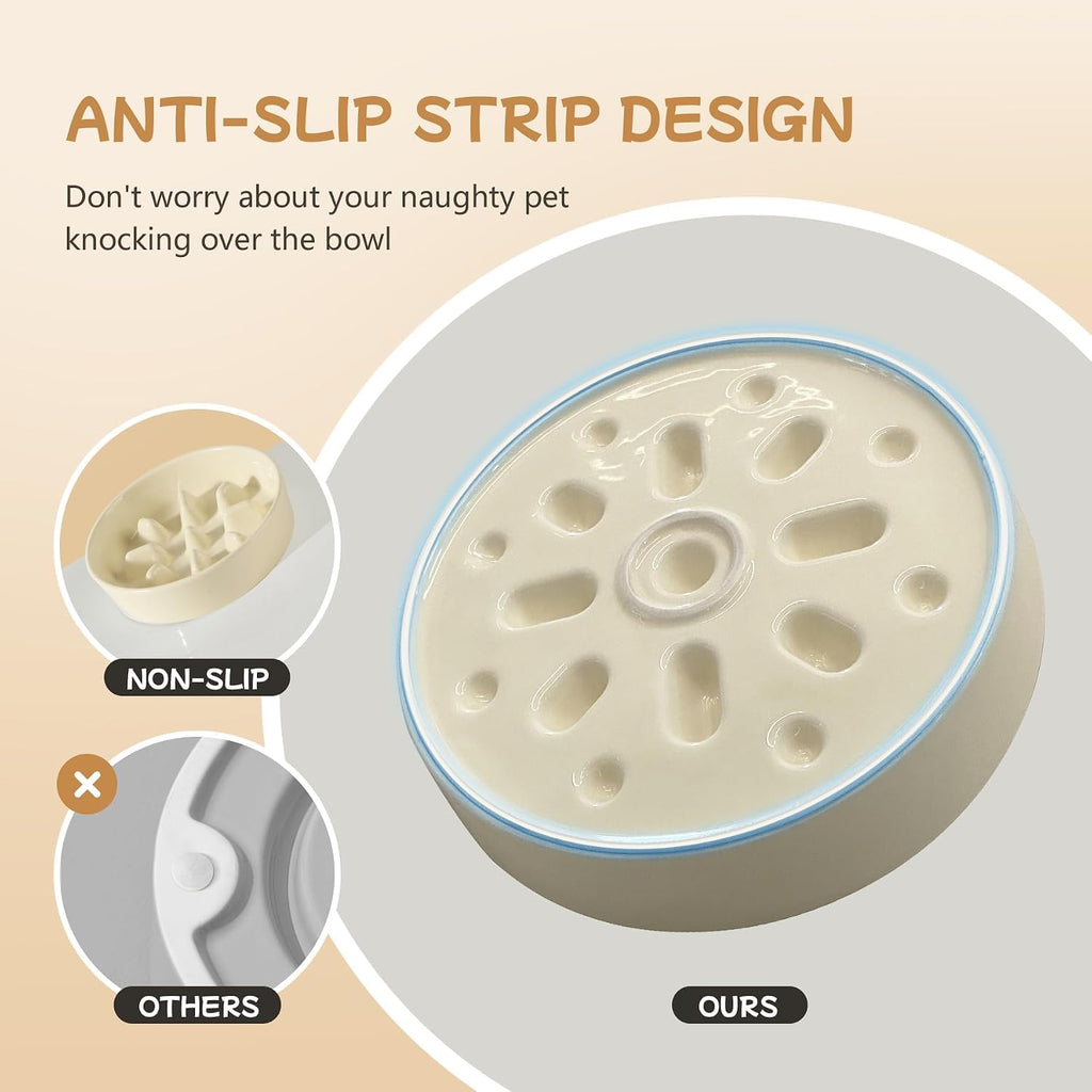 ceramic 0.9 cup raised slow feeder dog bowl showing dimensions