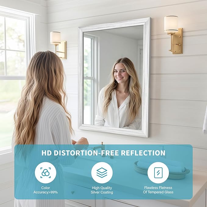 White Wood Effect Framed Wall Mirror, 24x32 Rectangle Mirror, Anti-desilvering