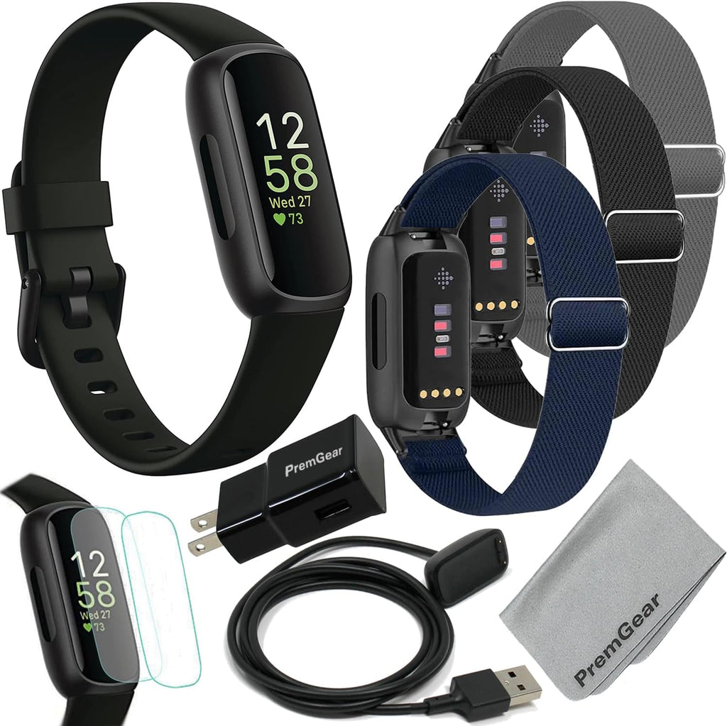 Fitbit Inspire 3 Health & Fitness Activity Tracker (Black) with Workout Intensity, Sleep Tracking, Heart Rate, 3 Nylon Comfortable Watch Bands, Wall Adapter, Screen Shields & Cloth