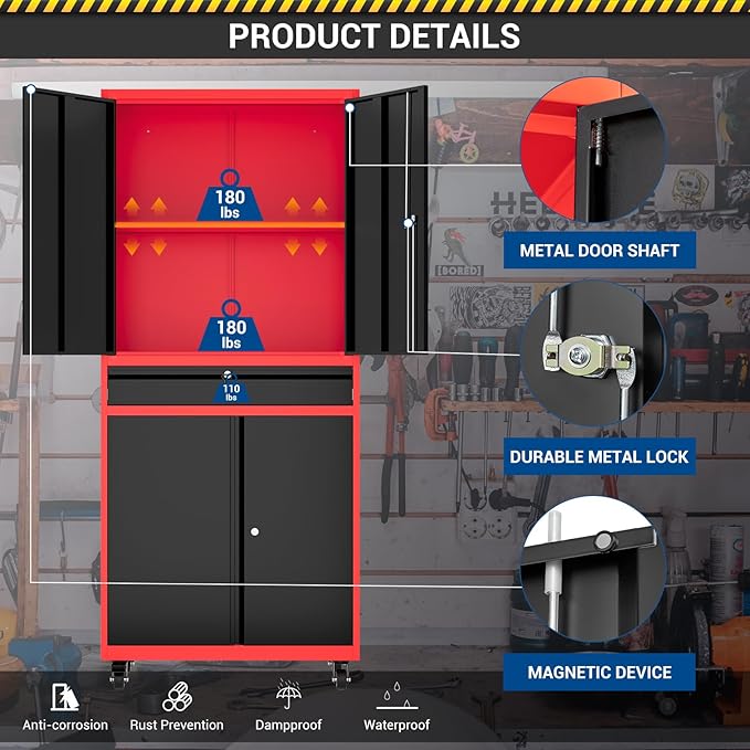 73" Metal Cabinet-Black & Red Heavy Duty Rolling Storage Cabinet Steel Tool