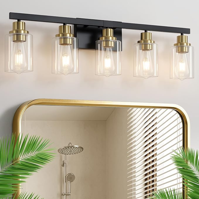 DIKAIDA 5-Light Black and Gold Bathroom Vanity Light, Bathroom Light Fixtures