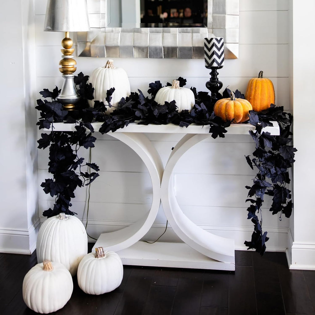 CQURE Black Maple Leaf Garland, 12PCS Halloween Garland Maple Leaves Fall Leaves Hanging Vines Halloween Thanksgiving Decor for Home Table Front Porch