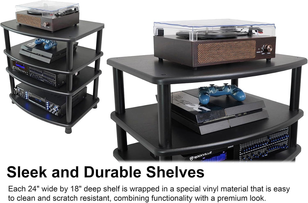 Rockville FLX Black Adjustable Height 4 Shelf Home Theater Audio Rack
