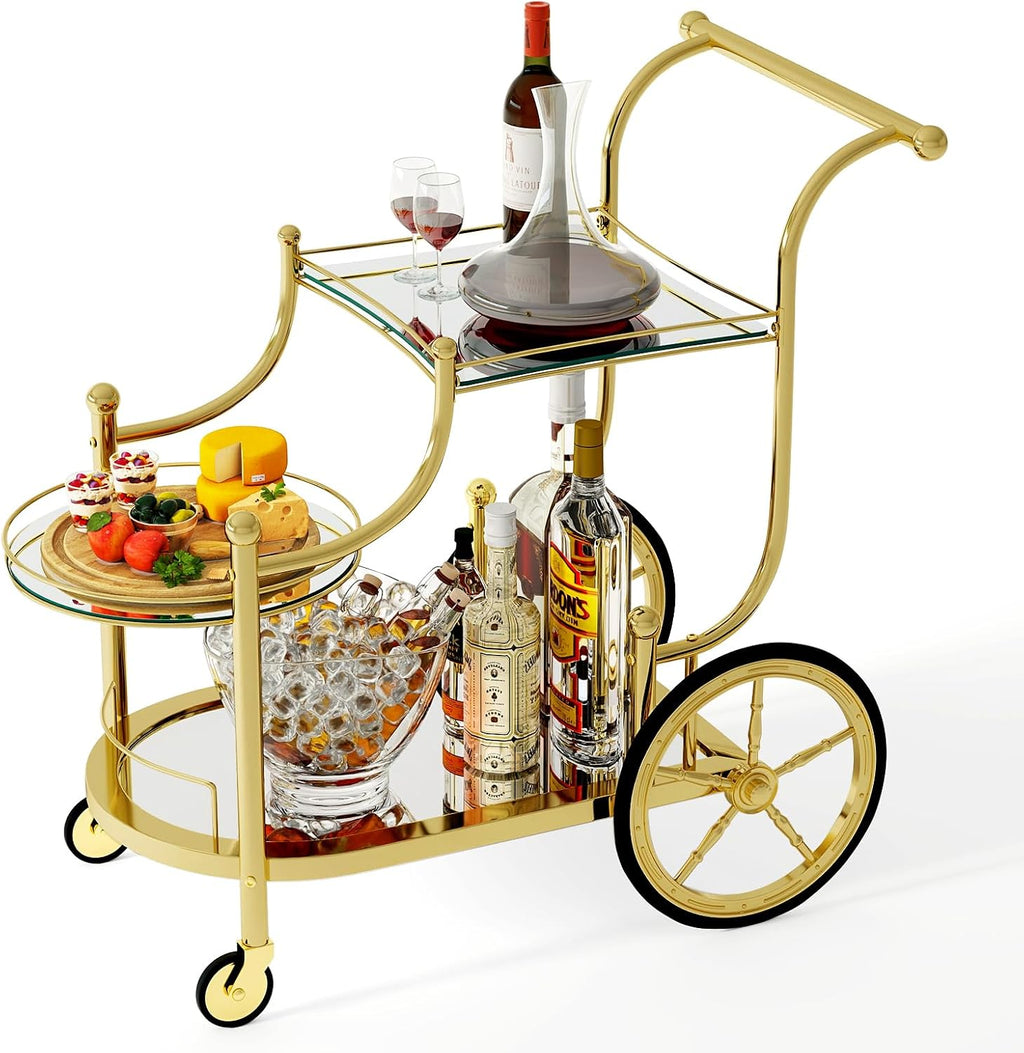 Tangkula Bar Cart, 3-Tier Rolling Home Bar Serving Cart with Mirrored Shelves & 4 Wheels, Mobile Beverage & Wine Cart for Kitchen, Dining Room, Living Room (Gold)