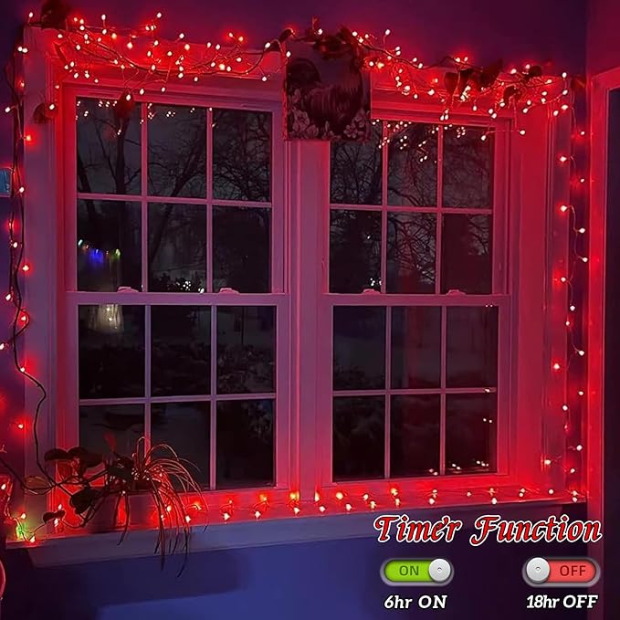YEGUO 66ft 200 LED Red Halloween Lights Outdoor Waterproof, Green Wire Christmas String Lights Indoor, 8 Modes Twinkle Tree Light Plug in with Timer Memory
