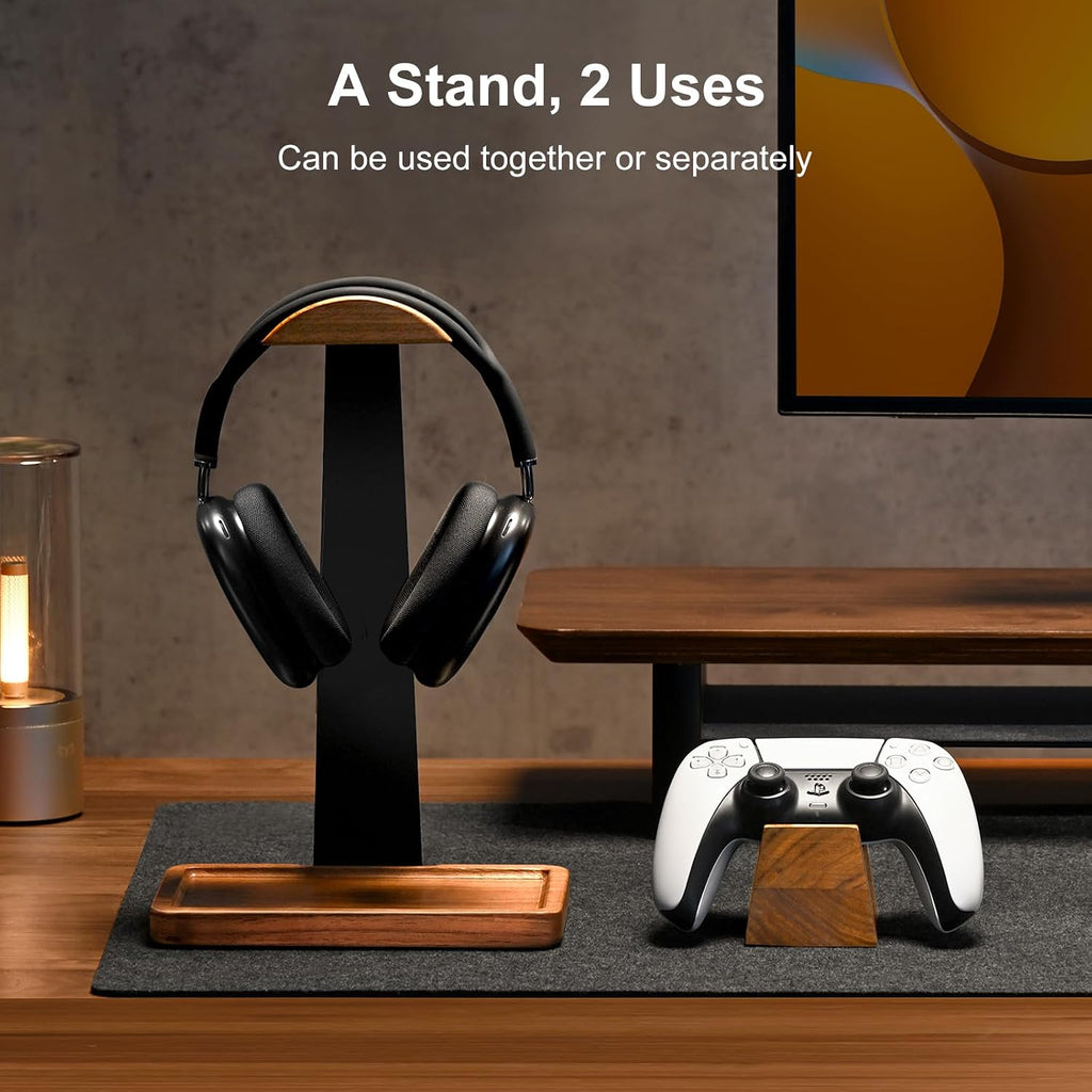 upergo walnut headphone stand with controller holder & shown in use