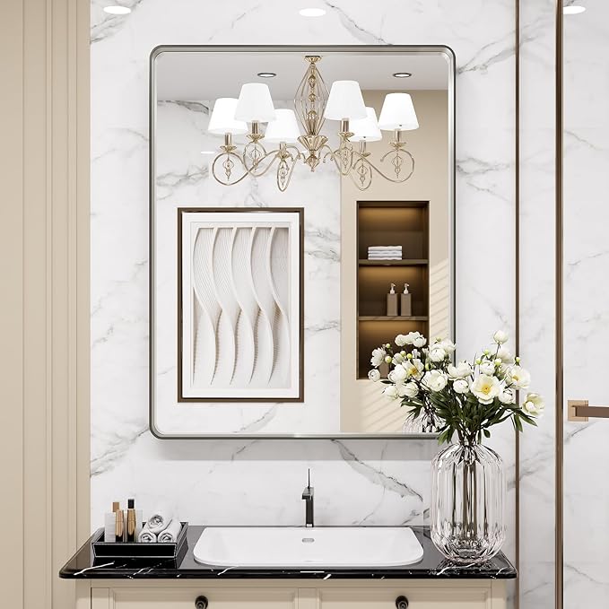 LOAAO 28X36 Inch Brushed Nickel Bathroom Mirror, Rounded Rectangle Silver Metal