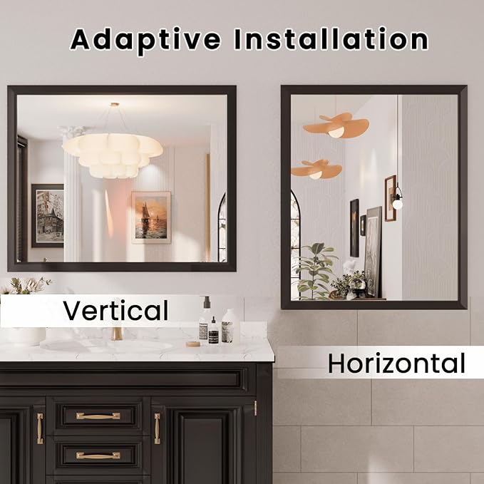 Amorho Bathroom Mirror Black, 30x36 Inch Thick Metal Framed Wall Mirrors