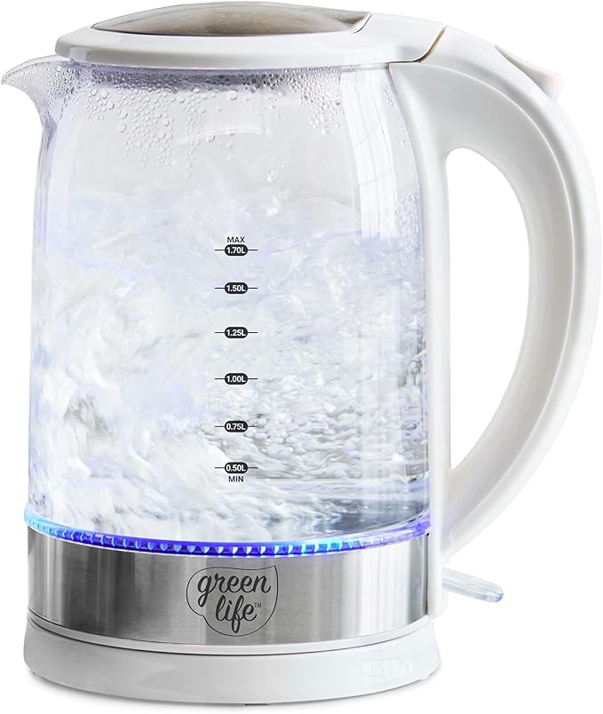 GreenLife 1.7 Liter Glass Electric Kettle, Easy One Touch Use, Quick Heating