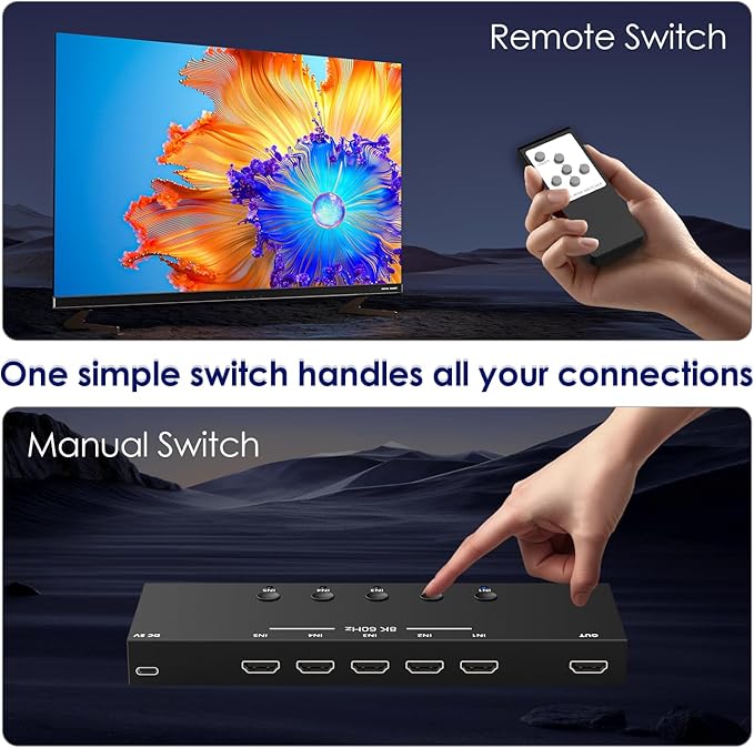 8K@60Hz HDMI 2.1 Switch 5 in 1 Out, 48Gbps Ultra HD 4K 120Hz, HDR10/Dolby Vision