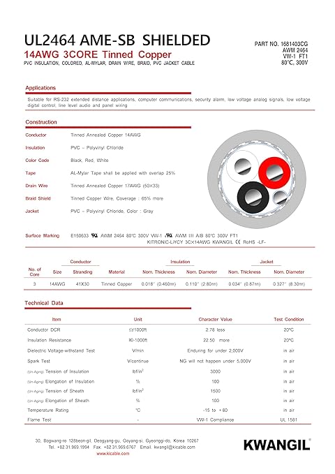 KWANGIL 3C 14AWG AMESB Shielded Cable Wire