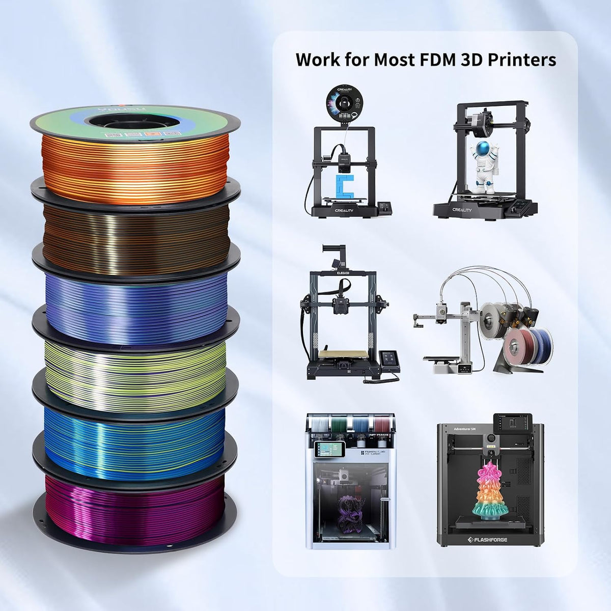 YOUSU 3D Printer Filament Silk PLA Filament Rainbow Color,1.75mm Tri Color PLA Filament 6kg Pack,1kg Spool.