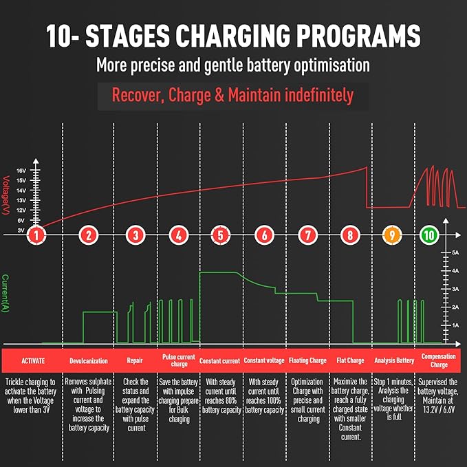 Sailvono 4A Battery Charger, 6V and 12V Smart Trickle Charger, 10-Stages 14.6