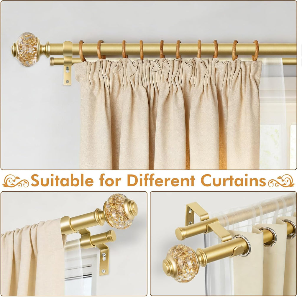 Double Curtain Rods for Windows 72 to 144, Luxury Gold, 1 Inch | Double Layer Window Treatment Rods, Decorative Crystal Ball Finials, Heavy Duty Adjustable Pole, Supports 33lbs, Easy Install