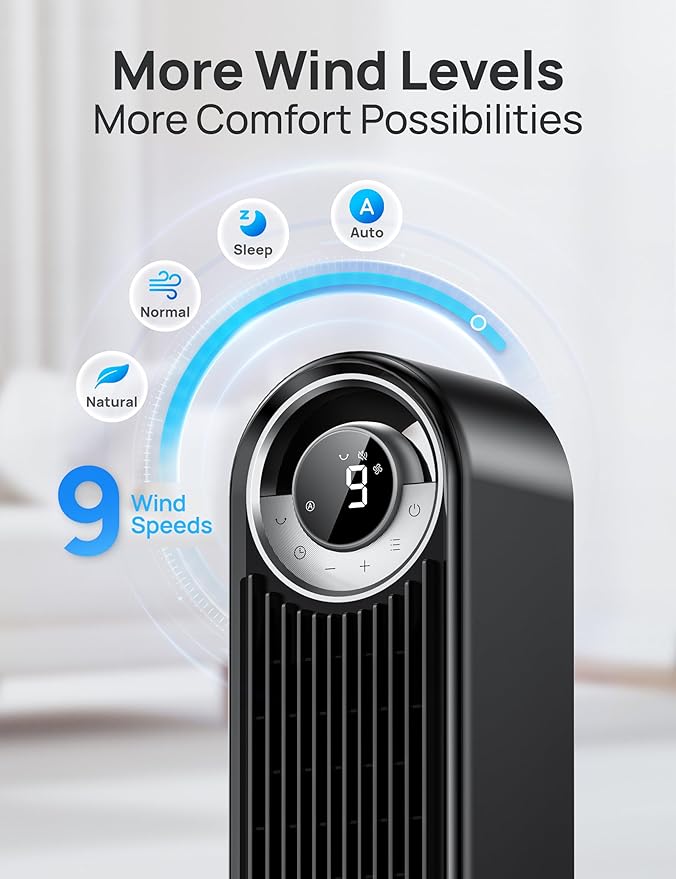Dreo Tower Fan for Bedroom, Upgraded DC 9 Speeds 25dB Ultra-Quiet Floor Fan