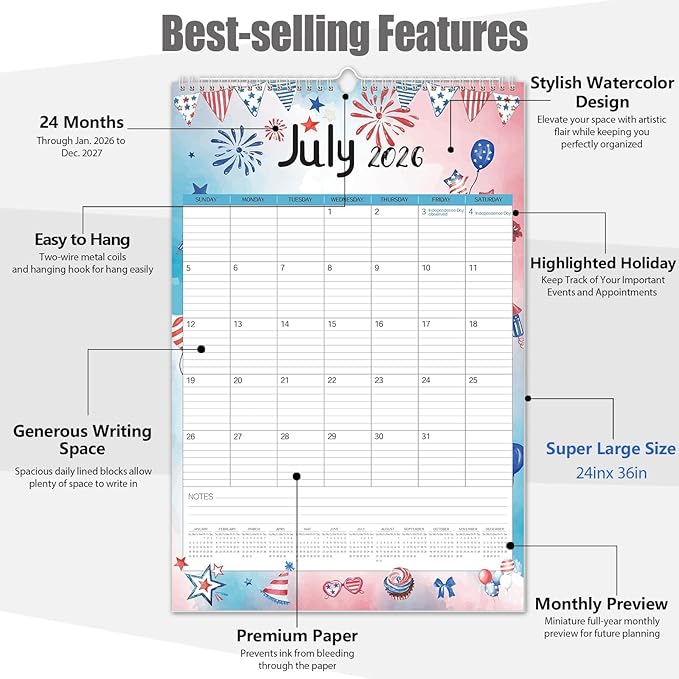 GuassLee Extra Large Wall Calendar 2026, 24-Month Aesthetic Large Calendar Jan.