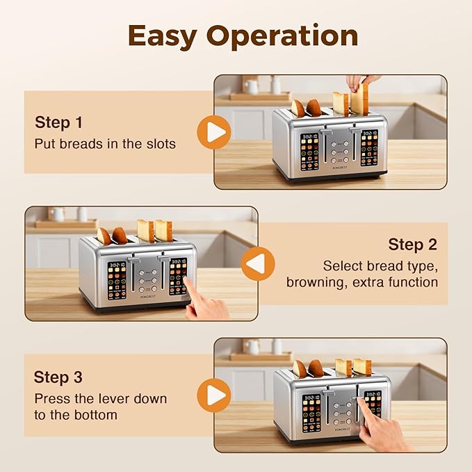 4 Slice Touch Screen Toaster, Easy-to-Use Digital Stainless Steel Toaster