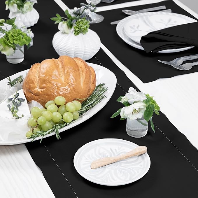 Solino Home Linen Black Table Runner 108 Inches Long - 100% Pure Linen 14 x 108 Inch Table Runner for Fall, Autumn, Halloween, Thanksgiving - Classic Hemstitch