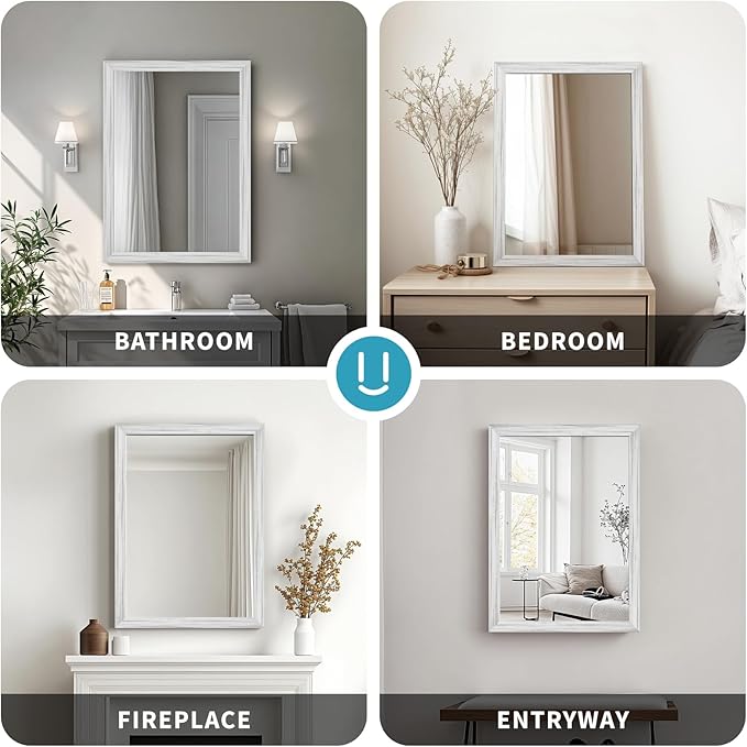 White Wood Effect Framed Wall Mirror, 24x32 Rectangle Mirror, Anti-desilvering