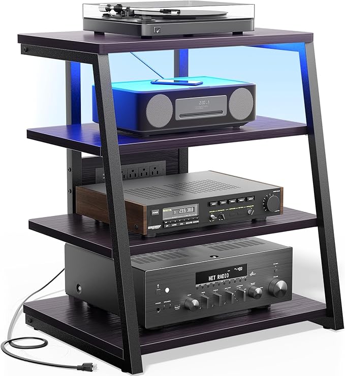 Besiost AV Media Stand with Outlets, Media Console with LED Lights, Stereo