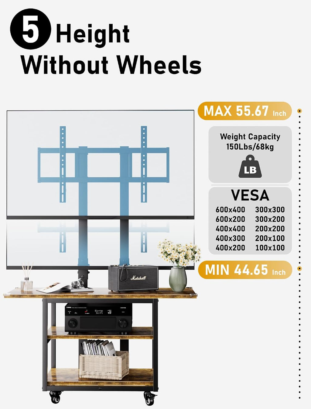 Heavy Duty Mobile TV Cart with 3-Tier Shelves, Height Adjustable Rolling TV Stand for 32-75 inch TVs up to 150 lbs, Portable TV Stand with Wheels for Home & Office, Max VESA 600×400mm(Retro)