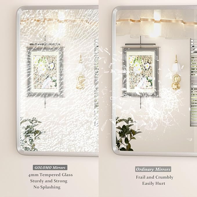 28x36 Brushed Silver Mirror for Bathroom, Nickel Silver Metal Framed Vanity