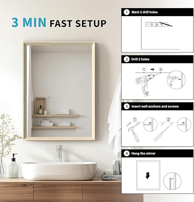 Oak Wood Effect Framed Wall Mirror, 30x40 Rectangle Mirror, Anti-desilvering