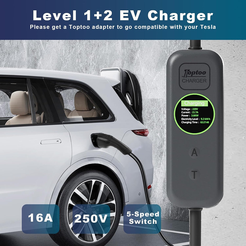 1+2 EV Charger Level Portable Electric Car Charger 6-20P 16A Power Plug 3.5KW 110V-240V for J1772 Electric Cars (Applicable to Household Electricity)