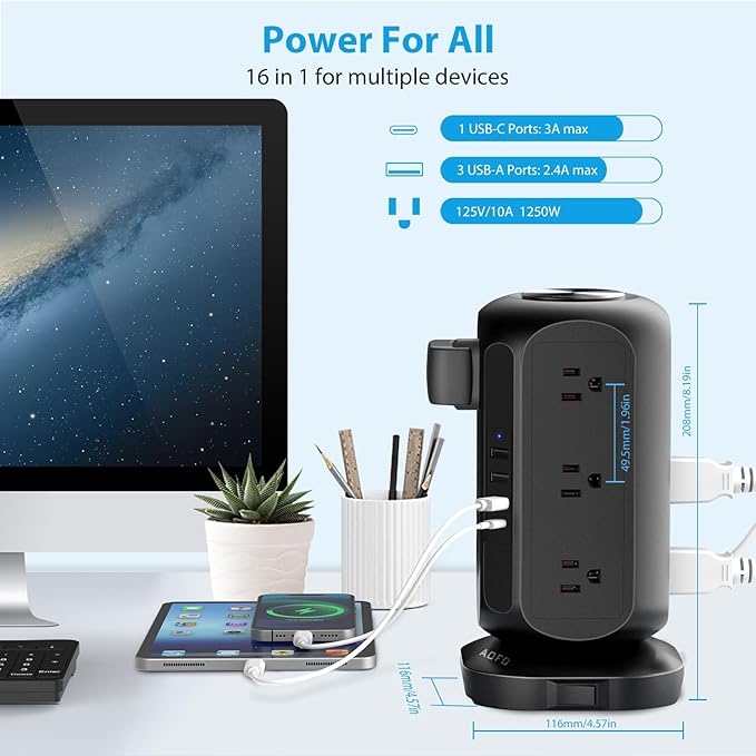 AOFO Long Extension Cord 15 ft Power Strip Tower, Surge Protector 12 AC Outlets