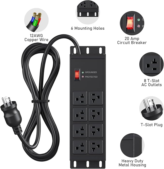 JUNNUJ Heavy Duty 20 Amp Surge Protector 4800J, Garage Metal 8 Outlets 12 Gauge