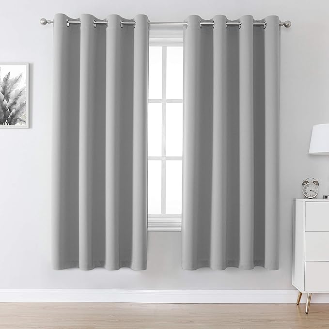 DUALIFE Grey Room Darkening Blackout Curtains Solid Thermal Insulated Grommet (Set of 2)