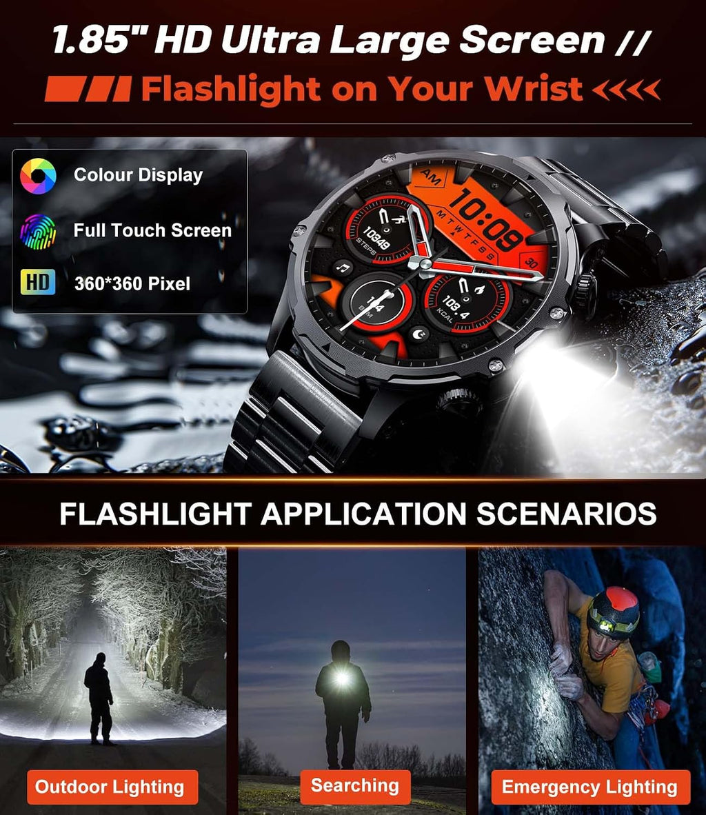 military smart watch for men, 1.85'' hd large, close-up detail