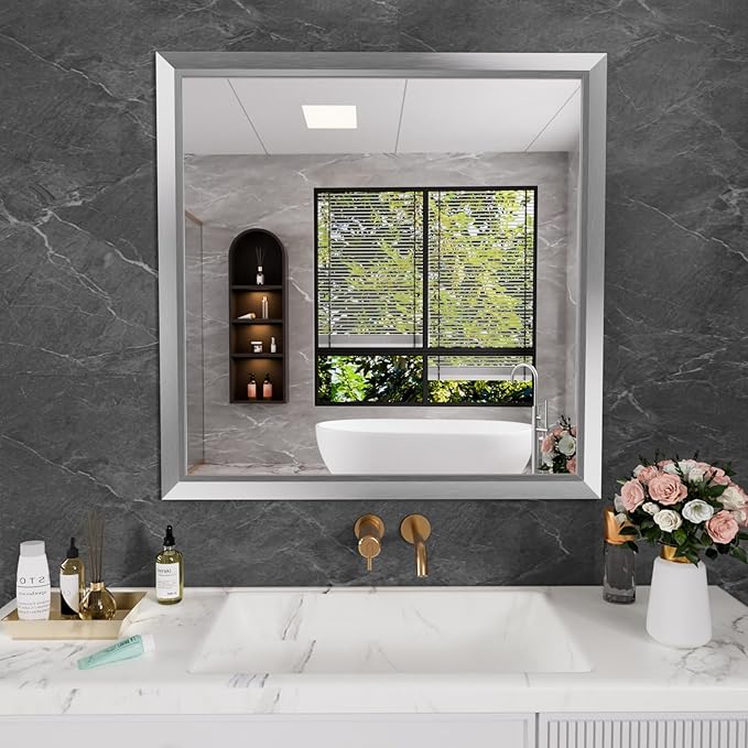 Amorho 36x36 Inch Bathroom Mirror Silver, Thick Metal Framed Wall Mirrors