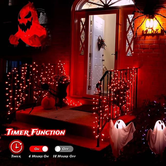 YEGUO 66ft 200 LED Red Halloween Lights Outdoor Waterproof, Green Wire Christmas String Lights Indoor, 8 Modes Twinkle Tree Light Plug in with Timer Memory