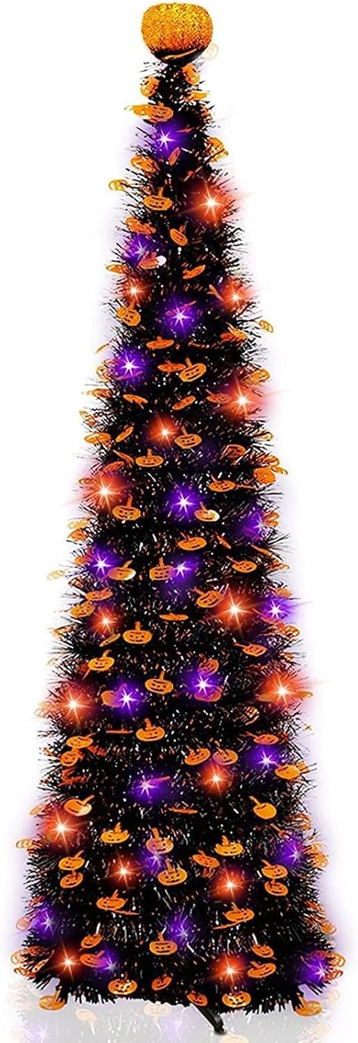 6 Ft Black Tinsel Halloween Tree with Lights Halloween Decorations