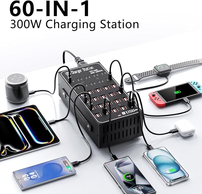300W USB Charging Station, 60 Port USB C Charger Block, USB Charger hub