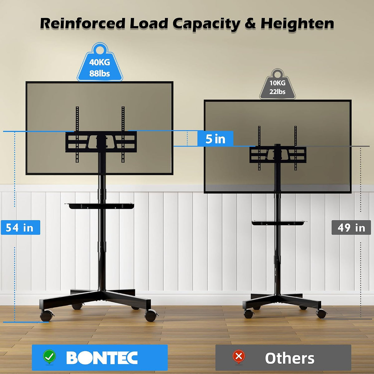 bontec rolling tv stand with tilt,mobile tv stand shown in use