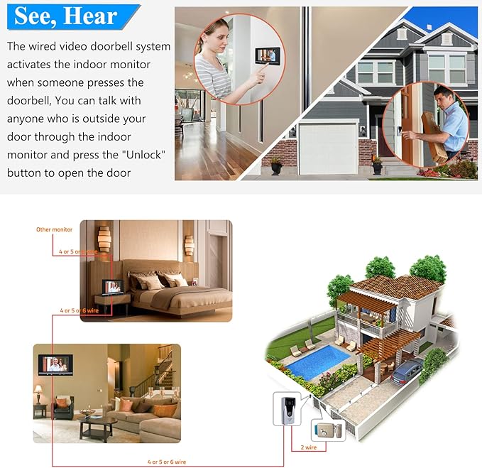 Wired Video Intercom System, 7 Inch Monitor and Aluminum Alloy Doorbell Camera
